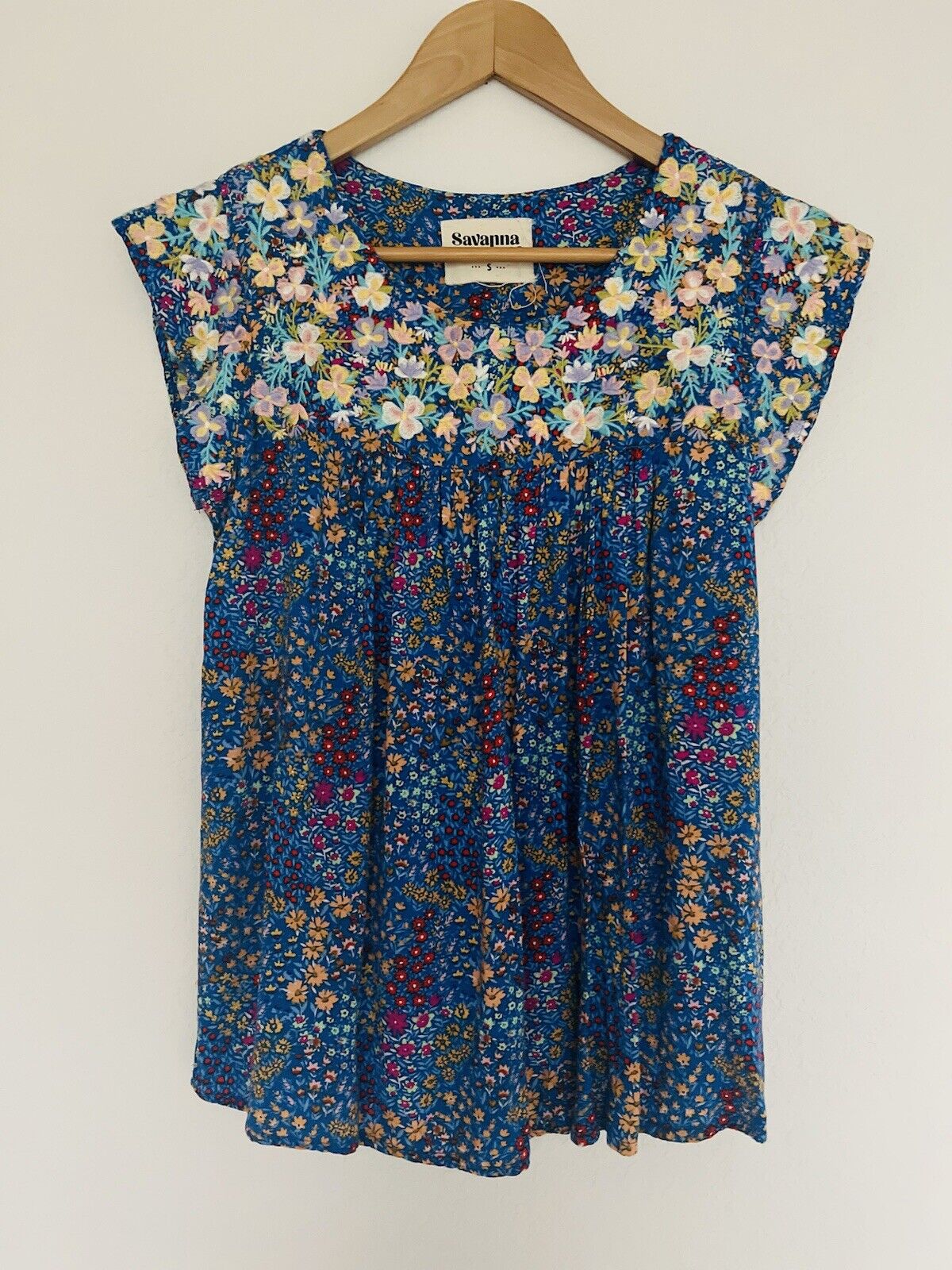Savanna Jane Ditsy Floral Top Sz S Embroidered Flowy Crop Blouse Boho Hippie