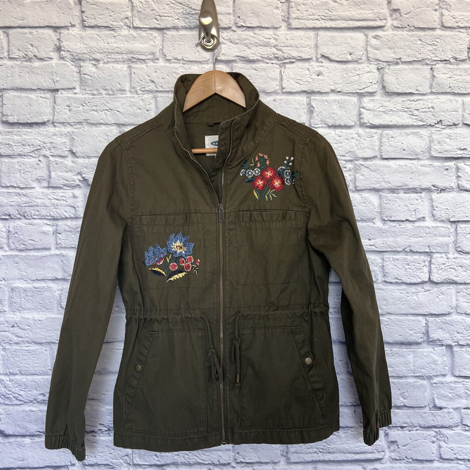 OLD NAVY Olive Green Floral Embroidered Jacket Sz S Chambray Field Cargo Boho