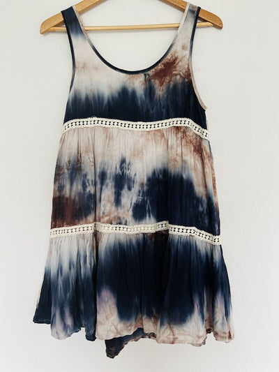 ENTRO NWT Tie Dye Tiered Tunic Dress Sz S Flowy Crochet Trim Lined Boho Western