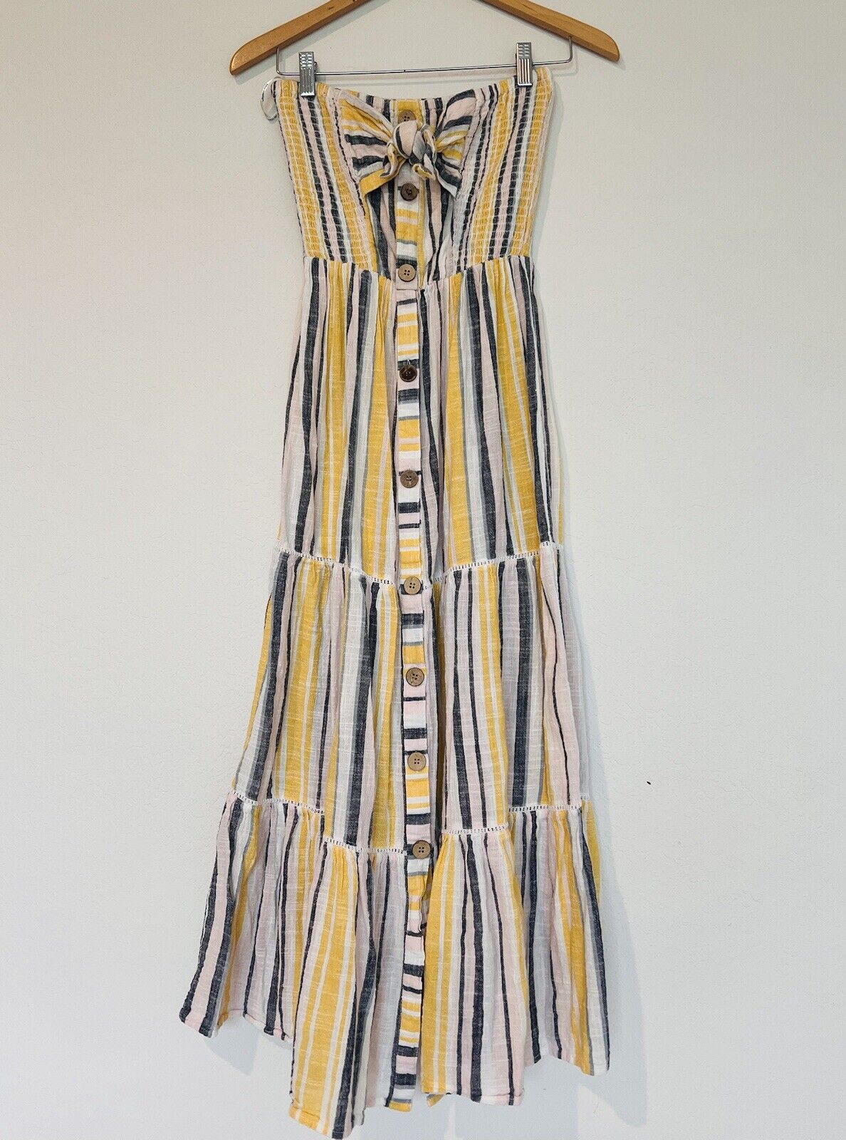 BLUE ISLAND Striped Strapless Dress Sz M Yellow Tiered Maxi Botton Up Bow