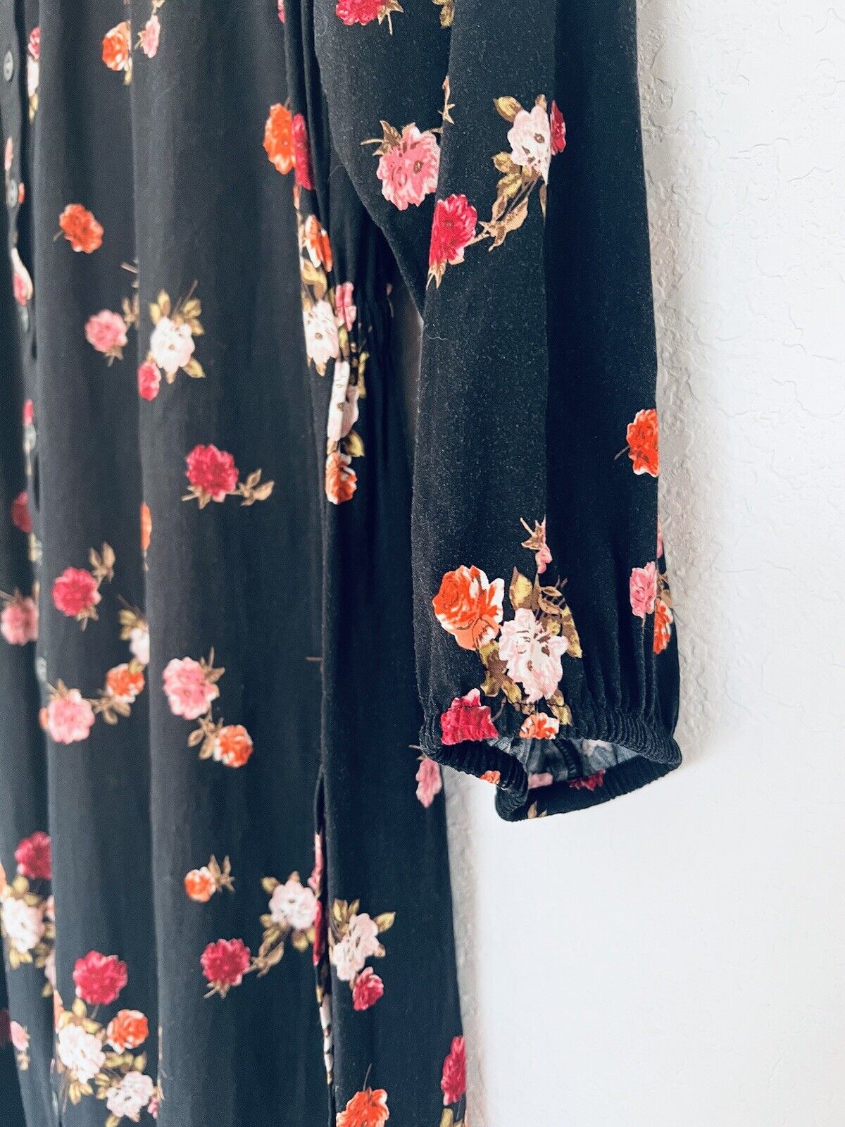 J. JILL Black Floral Tunic Dress Sz S Botton Down 3/4 Balloon Sleeves Pockets