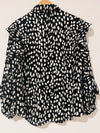 Chicos Ruffle Dot Print Top Sz M Button Up Blouse Black/White Office Career
