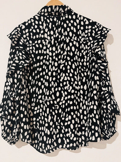Chicos Ruffle Dot Print Top Sz M Button Up Blouse Black/White Office Career