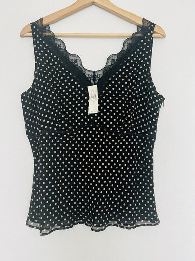 LOFT NWT 100% Silk Polka Dot Lace Top Sz 12 Babydoll Lined Cami Y2K Office