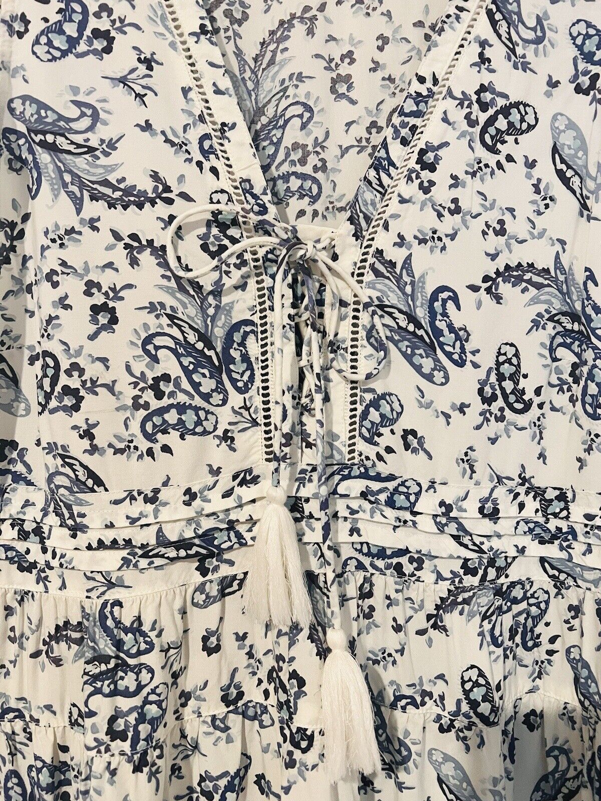 LUCKY BRAND Blue Paisley Dress Sz L Sleeveless Ruffle Tie Neck Crochet Boho