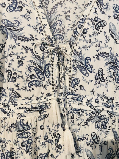 LUCKY BRAND Blue Paisley Dress Sz L Sleeveless Ruffle Tie Neck Crochet Boho
