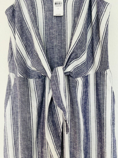 LOFT NWT Linen Blend Wide Leg Jumpsuit Sz L Khaki Blue Striped Minimalist Boho