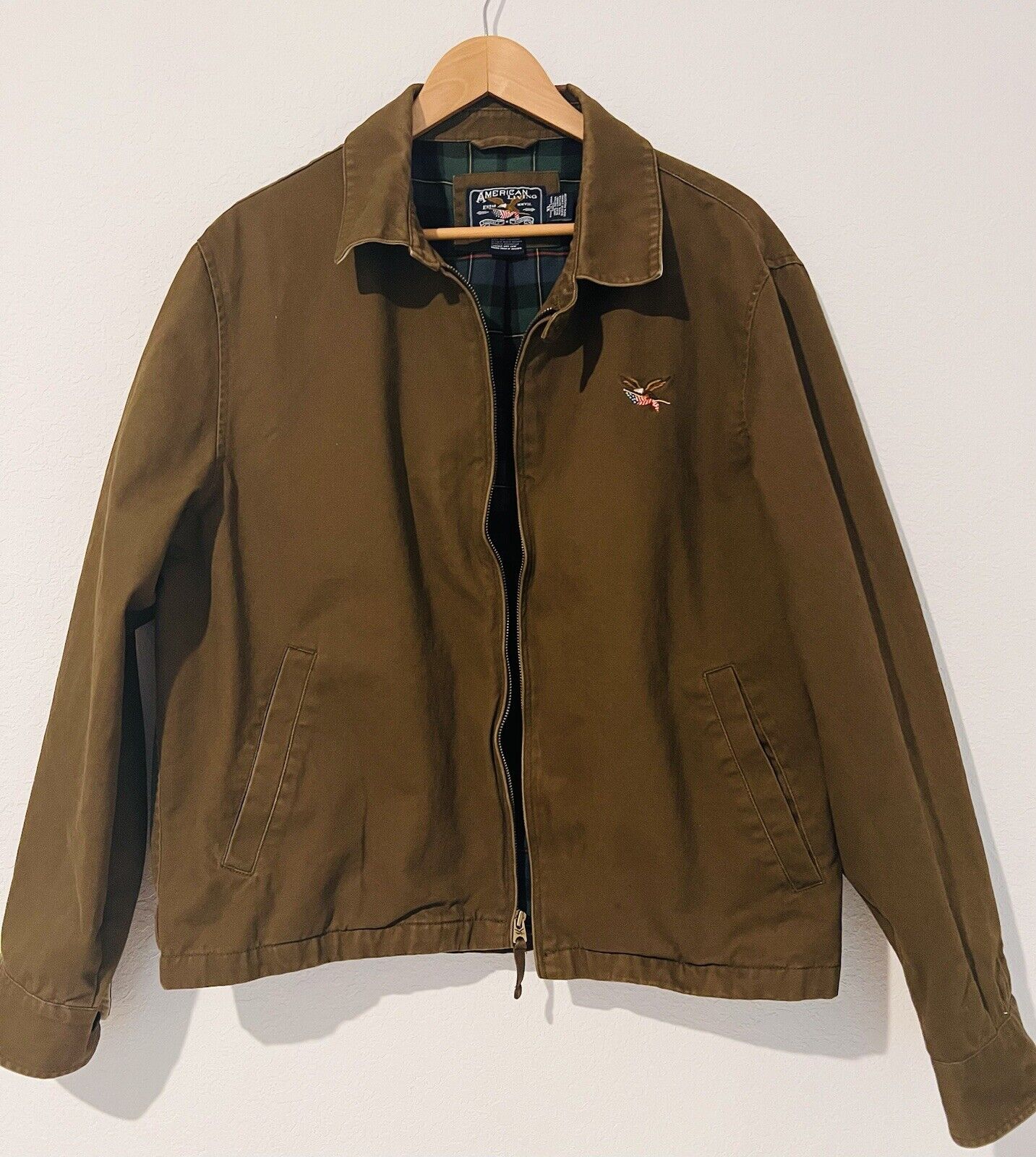 AMERICAN LIVING Khaki Jacket Size XL Short Zip Plaid Lining