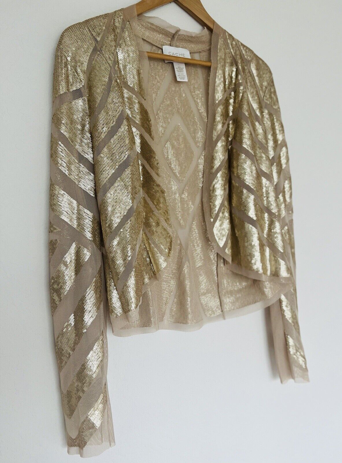 CACHE Gold Sequin Shrug Cardigan Sz 1 Cropped Long Sleeve Festive Holiday