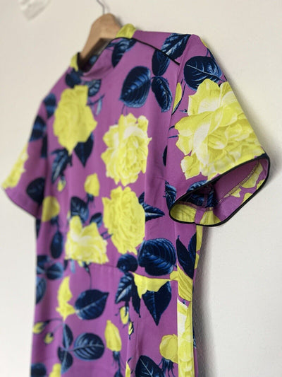 ASOS Purple/YellowFloral Dress Sz 10 High Neck Zip Back Short Sleeve