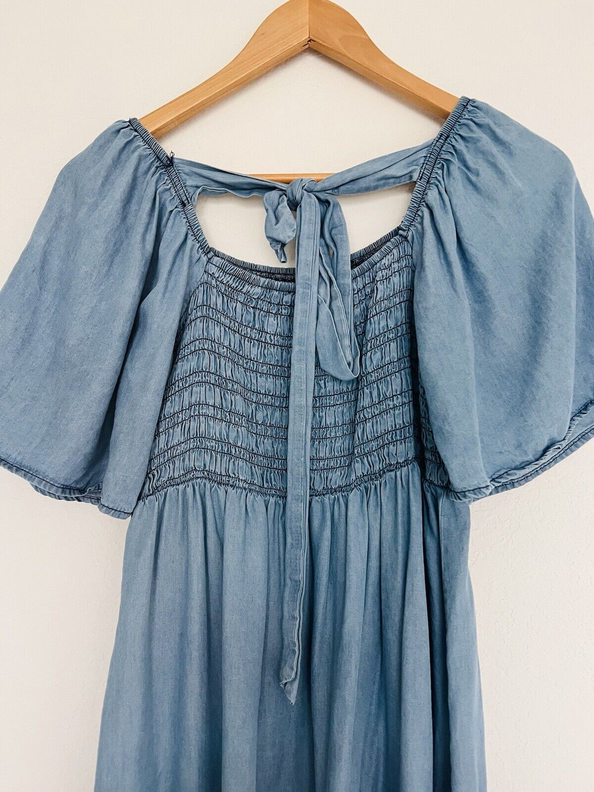 BLU PEPPER Smocked Mini Dress Sz S Tiered Puff Sleeves Tie Back Boho Western