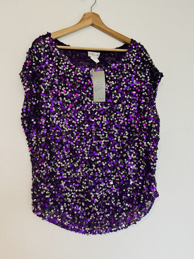 LUDI Sequins Cap Sleeve Blouse Sz M Purple Lined Shiny Party Dance Glitzy Formal