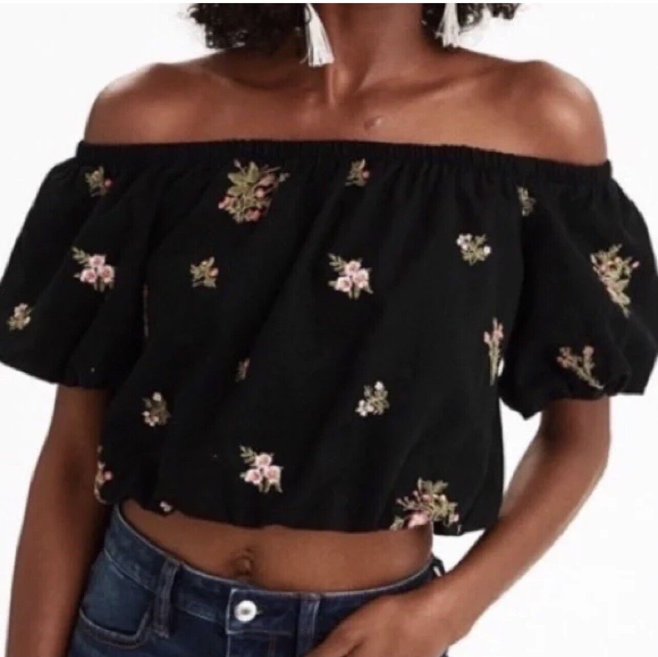 American Eagle Outfitters Floral Off-The-Shoulder Top Sz M Woven Crop Boho
