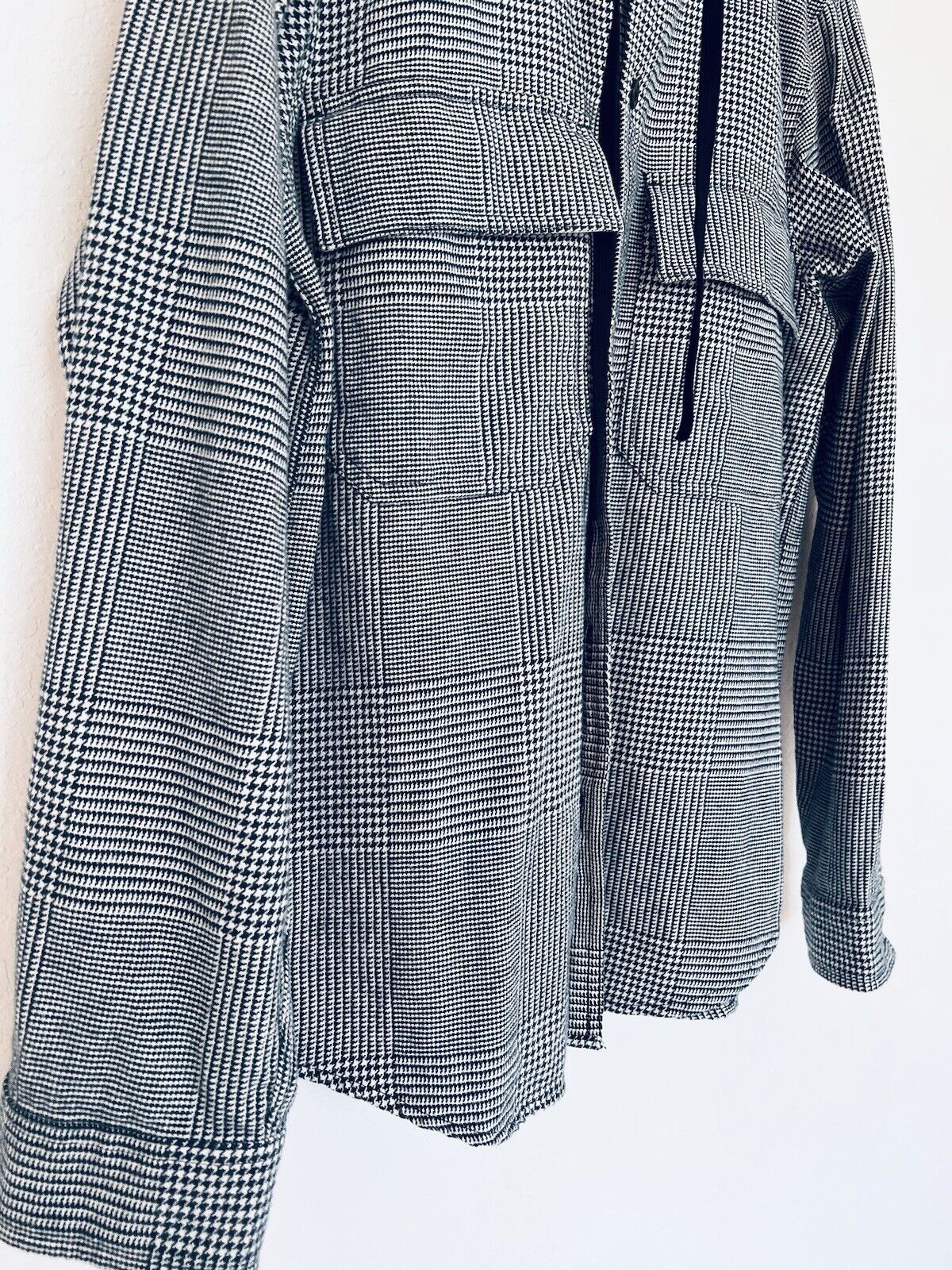 ORIGINAL USE Mens Hooded Shirt Sz M Heavyweight Pockets Long-Sleeve Houndstooth