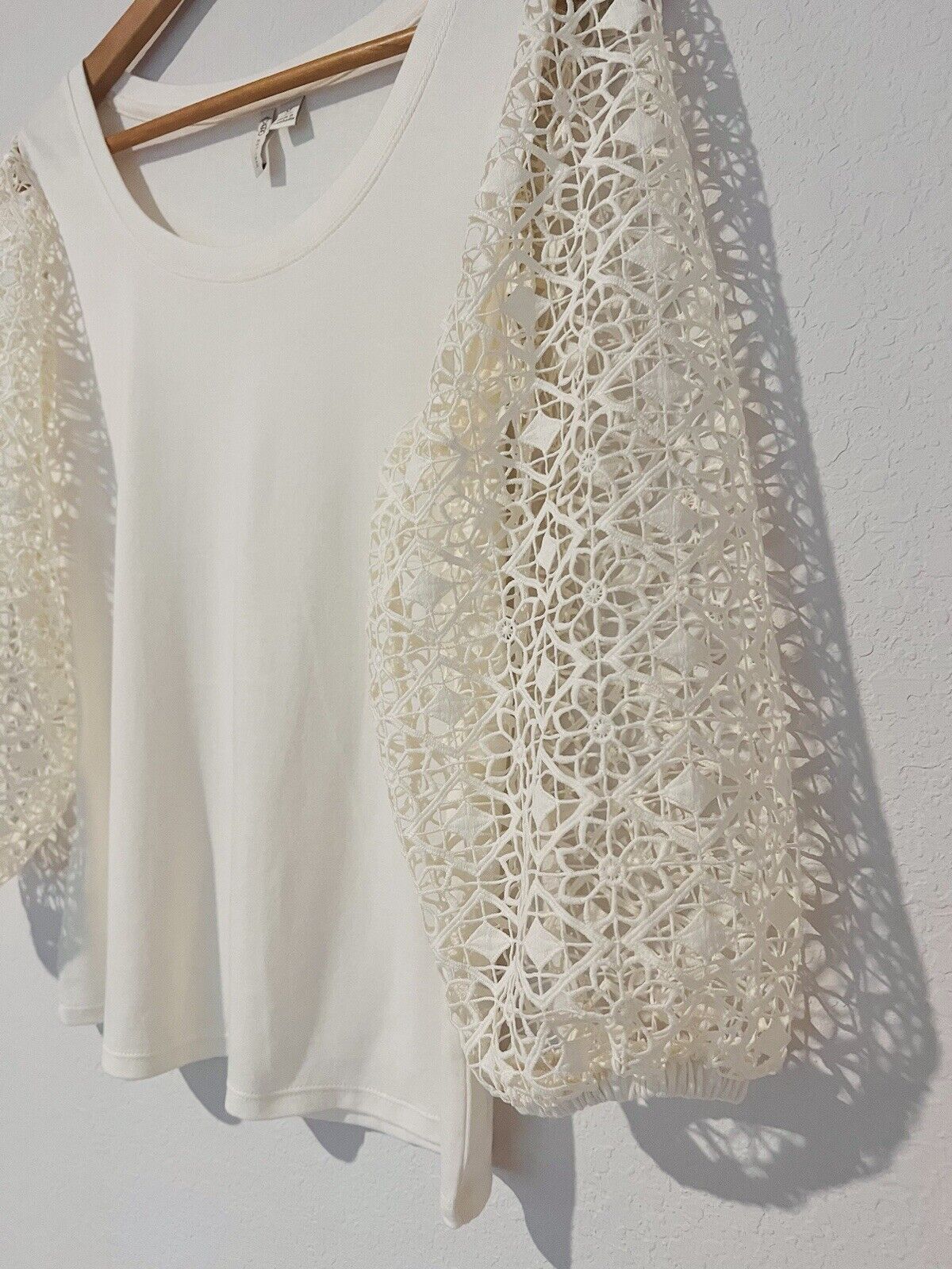 CATO Crochet Detail Sleeve Top Sz M Ivory Mix Media Jersey Knit Boho Blouse