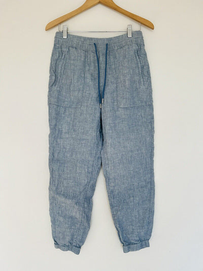 ATHLETA Cabo Linen Jogger Pants Sz 8 Drawstring Chambray Blue Nautical Boho