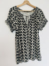 Max Studio Floral Print Blouse Sz L Cream/Black Tie Smock Neck Rayon Blend Boho