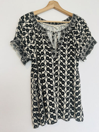 Max Studio Floral Print Blouse Sz L Cream/Black Tie Smock Neck Rayon Blend Boho