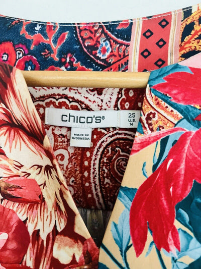 Chicos  Satin Colorful Top Sz 14 Red Floral Lantern 3/4 Sleeves Tie Waist