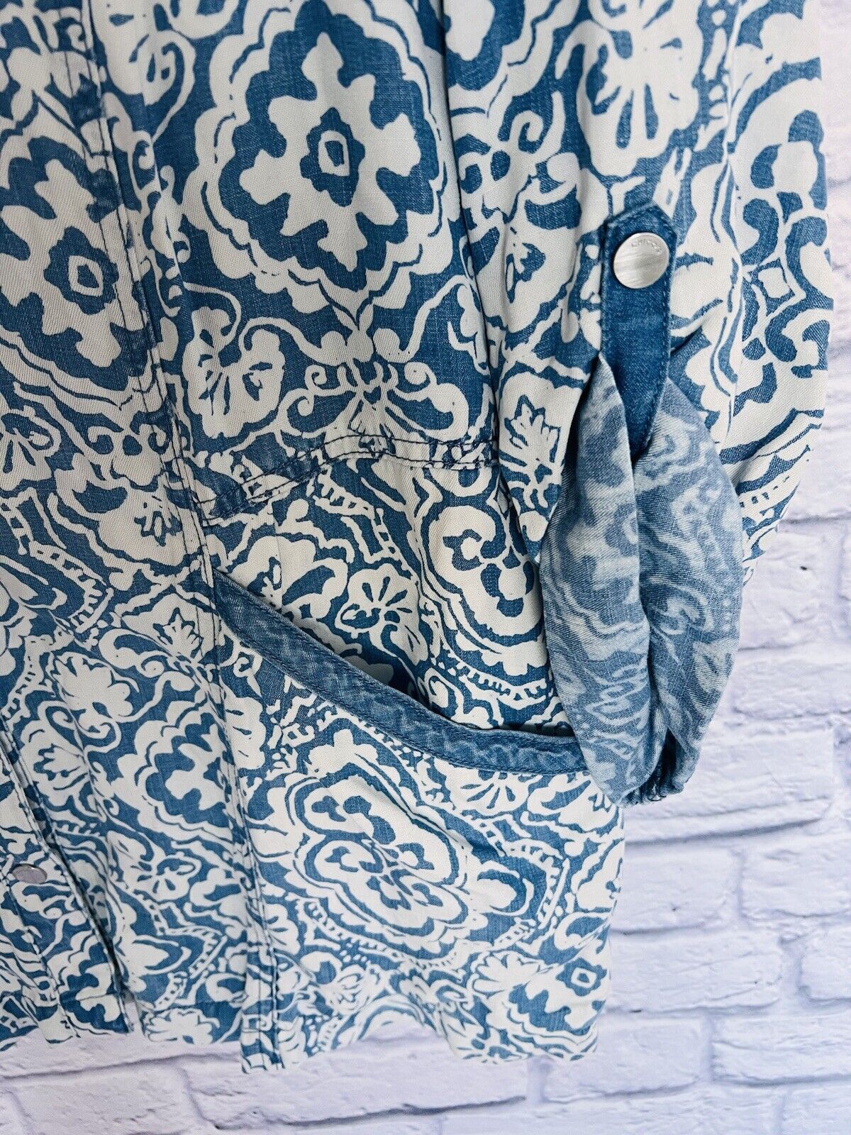 CHICOS Womens Snap Button Jacket Plus Sz 3 Pockets Paisley Blue Lyocell￼