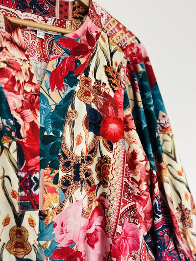 Chicos  Satin Colorful Top Sz 14 Red Floral Lantern 3/4 Sleeves Tie Waist