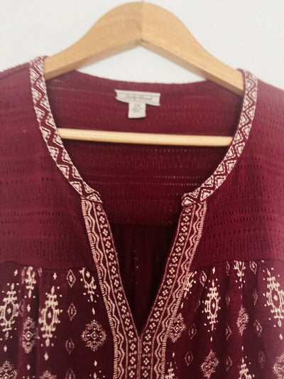 LUCKY BRAND Burgundy Sleeveless Top Sz XL Ornate Pattern Cotton Linen Blend Boho