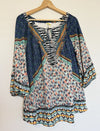 FIG & FLOWER Mixed Print Tunic Blouse Sz 3X Tie Neck Lace Flared Sleeve Boho