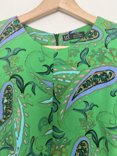 ZARA Green Paisley Leaf Short Mini Dress Sz S Ruched Puff Sleeves