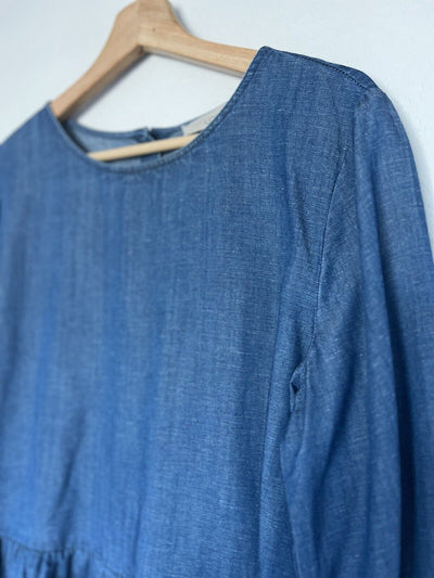 LOFT Chambray Linen Blend Blouse Sz M Button Back Peplum Top Long Sleeve Boho