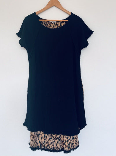 UMGEE Black Dress Leopard Animal Print Sz S Linen Boho Western Fringe Edge