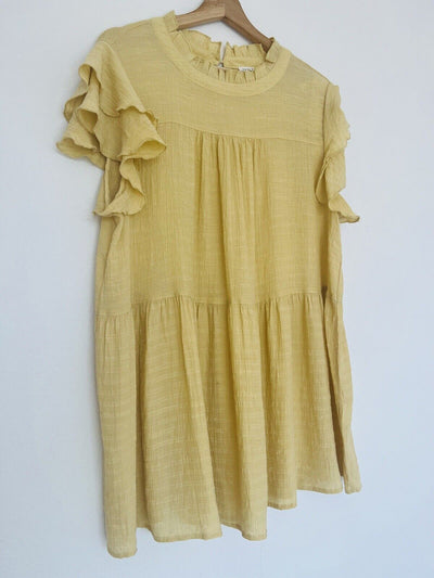 JODIFL Tiered Frilly Tunic Dress Sz 2X Mustard Color Ruffle Sleeves Collar Boho