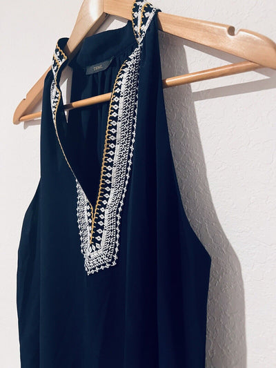 THML Womens Embroidered Navy Dress Sz S Sleeveless Knee Length