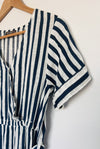 Faux Wrap Midi Dress Sz L Striped Blue/White Waist Tie Pockets 100% Rayon Woven
