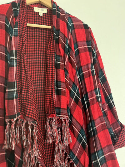 UMGEE Flannel Plaid Cardigan Sz L Open Waterfall Roll Tab Sleeves Boho Western