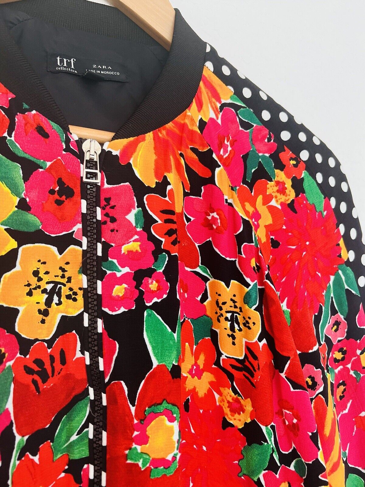 ZARA TRF Collection Floral Polka Dot Bomber Jacket Sz S Red Long Sleeve Y2K 90s