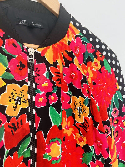 ZARA TRF Collection Floral Polka Dot Bomber Jacket Sz S Red Long Sleeve Y2K 90s