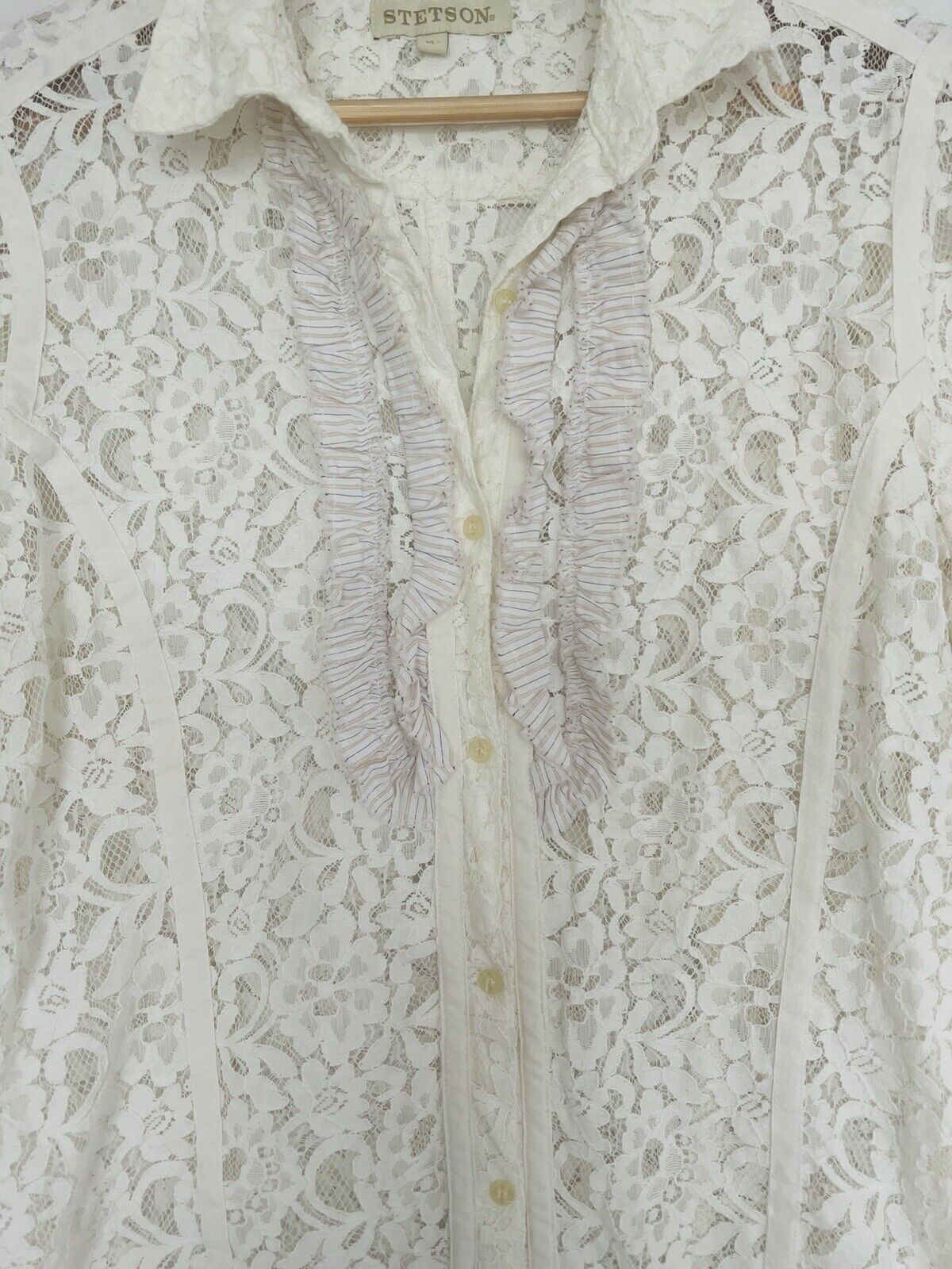 STETSON Ruffle Lace Shirt Sz XL Ivory Button Floral Long Sleeve Boho Western