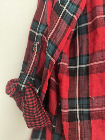 UMGEE Flannel Plaid Cardigan Sz L Open Waterfall Roll Tab Sleeves Boho Western