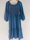UNBRANDED Smocked Tiered MIDI Dress Blue Puff Sleeve Long Peasant Boho
