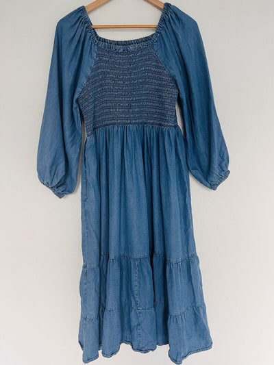 UNBRANDED Smocked Tiered MIDI Dress Blue Puff Sleeve Long Peasant Boho
