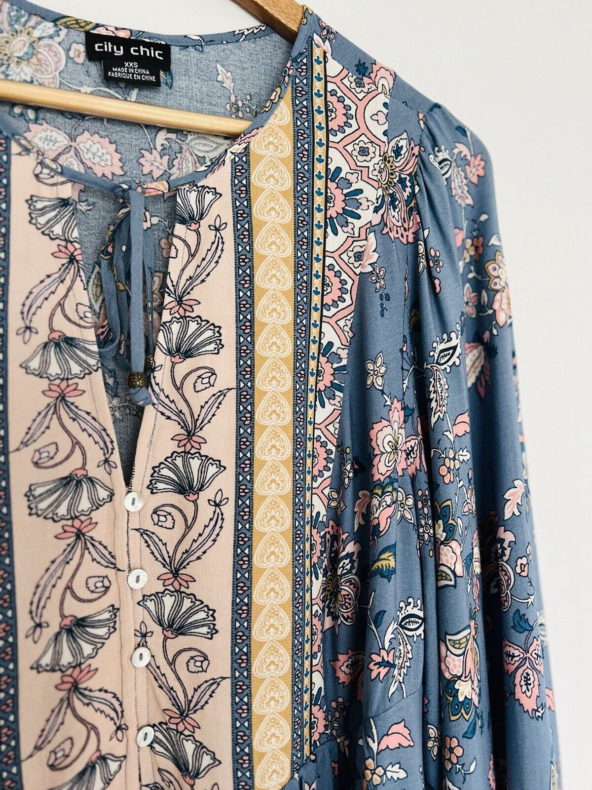 CITY CHIC Floral Tunic Dress Sz XXS Blue Balloon Sleeves Fairy Coquette Boho