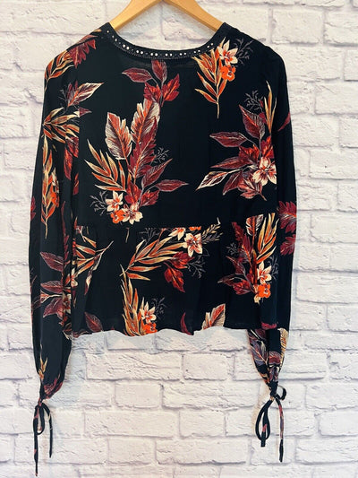 PATRONS OF PEACE Womens Multicolor Floral Blouse Sz M Crochet Tie Sleeves Boho