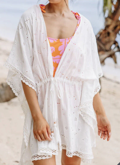 SURF GYPSY Womens Top White Small Eyelet Boho Cottagecore Blouse Cover Up