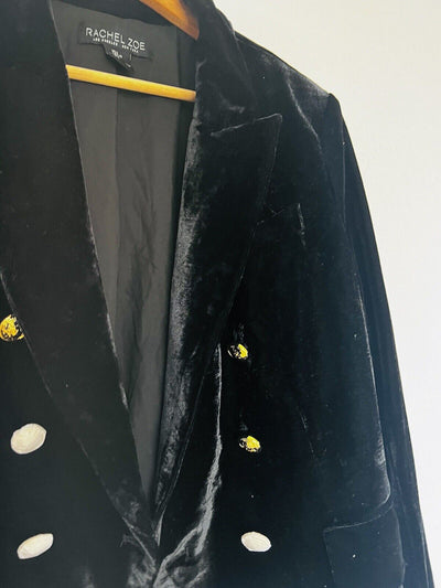 RACHEL ZOE Black Velvet Velour Blazer Sz L Double-Breasted Gold Accent Buttons