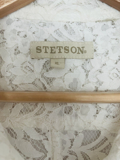 STETSON Ruffle Lace Shirt Sz XL Ivory Button Floral Long Sleeve Boho Western