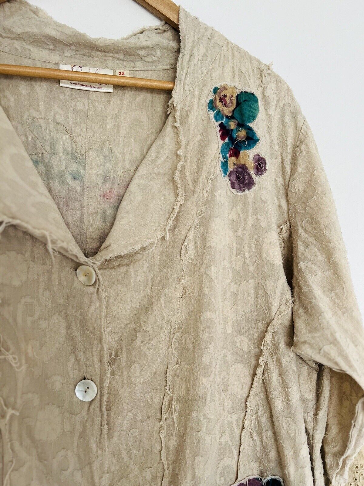 PAPER LACE Floral Design Shirt Jacket Sz 2X Duster Button Ruffle Boho Lagenlook
