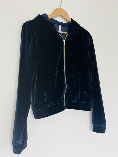 Fabletics Velvet Velour Sweatshirt Sz S Gold Zip Hoodie Dark Navy