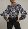 Chicos Ruffle Dot Print Top Sz M Button Up Blouse Black/White Office Career