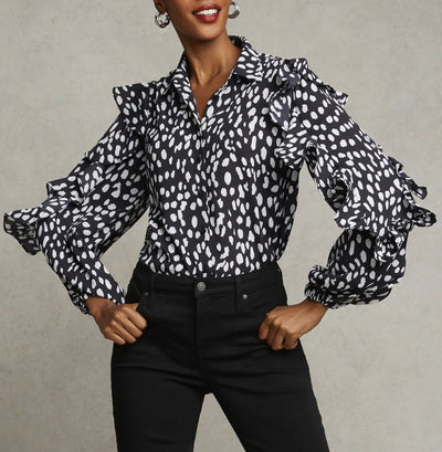 Chicos Ruffle Dot Print Top Sz M Button Up Blouse Black/White Office Career