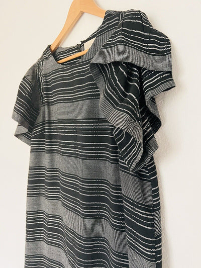 ANTHROPOLOGIE Moon River Dress Sz S Woven Flutter Sleeve Black Striped Boho